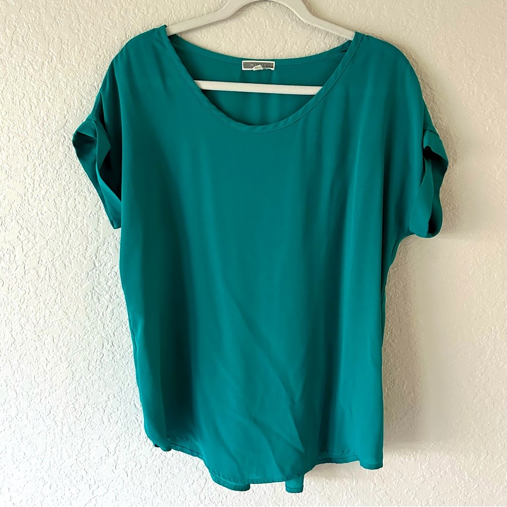 Pleione Teal Pleated Back Blouse Women’s M Short Sleeve Work Top